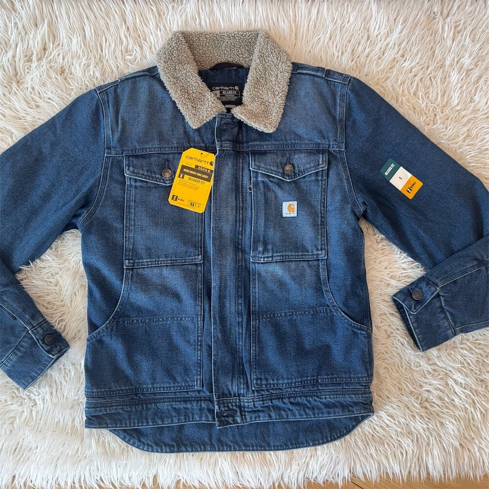 CUTE Carhartt Men's Relaxed Fit Sherpa-Lined Denim Jacket Blue Full Zip Size S